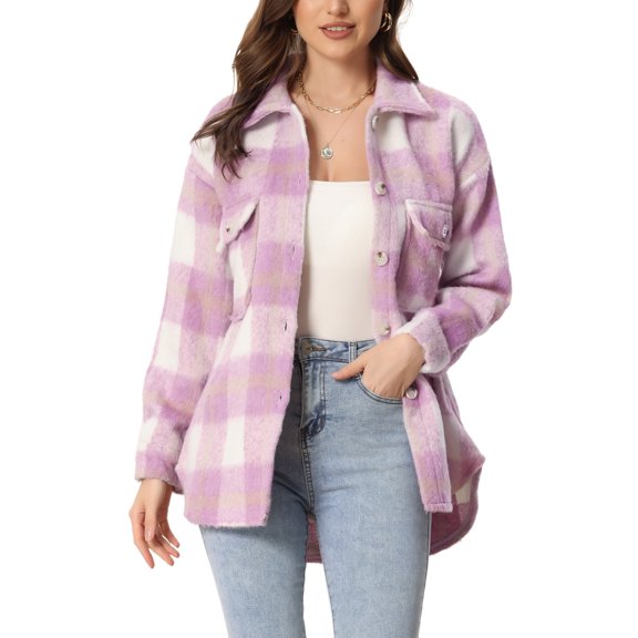 Chaqueta para Mujer de Lana de Tela de Cuadros con Bolsillos Botones Chaqueta con Solapa Púrpura M