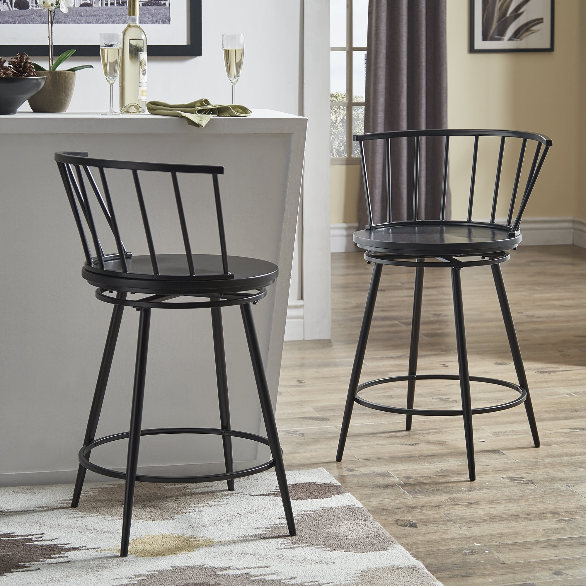Set of 2 24'' Counter Bar Chairs Kitchen Patio Metal with Back Swivel Stools 