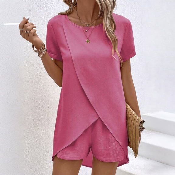 Guieoi Summer Two-Piece Outfit Solid-Color Short-Sleeve Top and Pants Casual Matching Set Pink XL