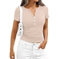 thumbnail image 5 of Qwertyu Womens Tops 2026 Spring Summer Top Henley V Neck Short Sleeve Button Slim Fit Casual Ribbed Knit Shirts Blouses Clothes Khaki L, 5 of 7