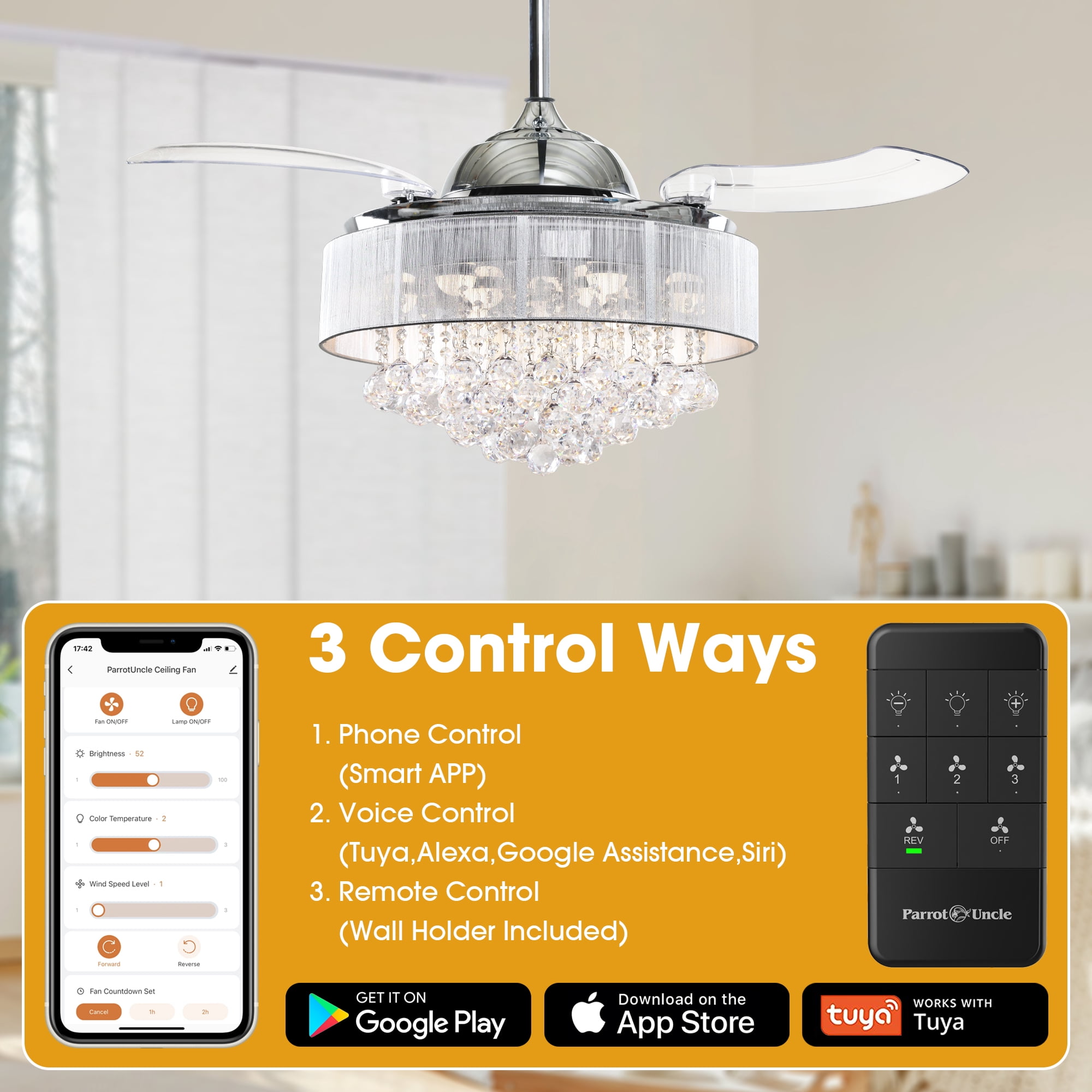 Parrot Uncle Smart Ceiling Fan with Light 42 inch  Modern Crystal Chandelier Ceiling Fan with LED Light, Compatible with Alexa