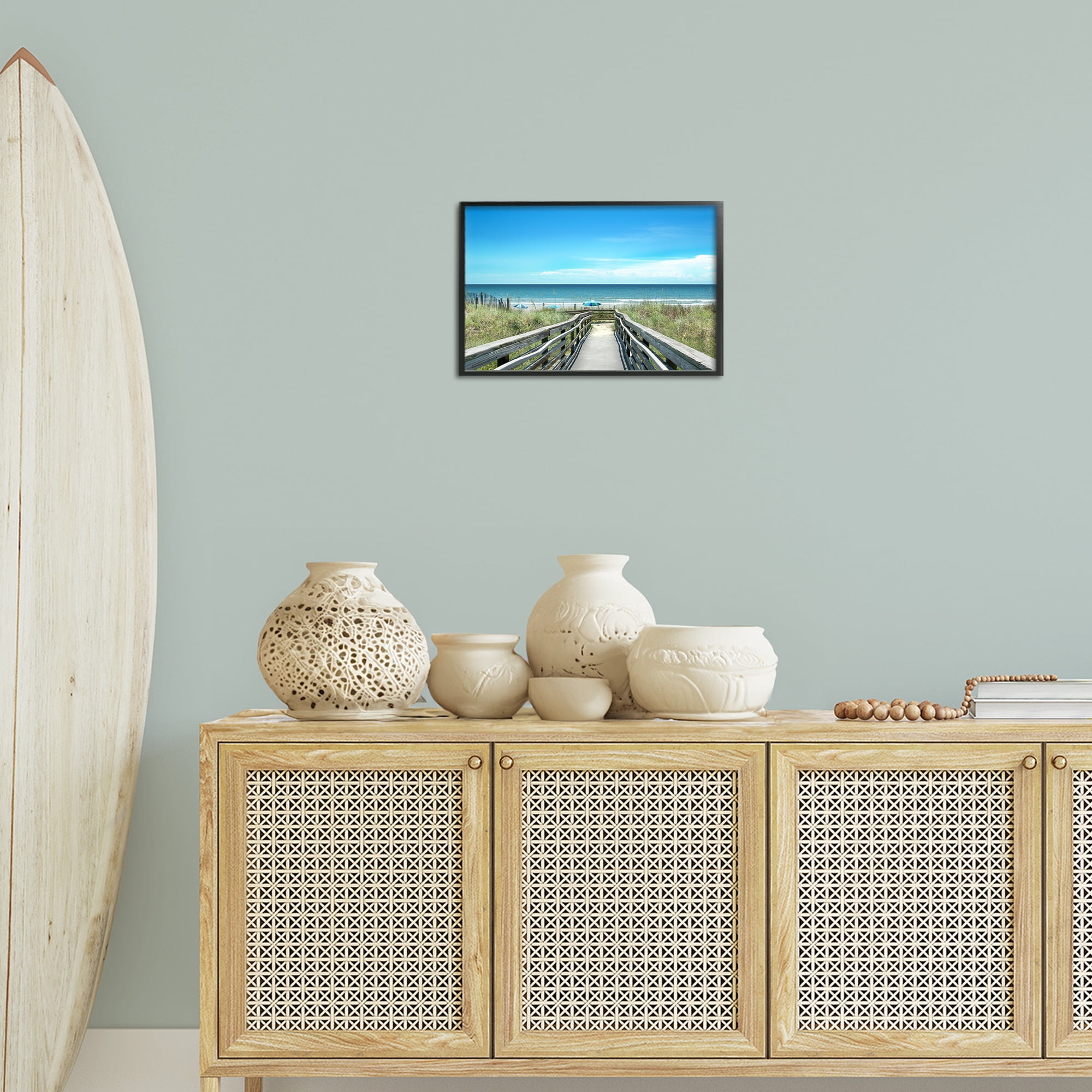 Stupell Industries Bridge to Beach View Landscape Photography Black Framed Art Print Wall Art, 18 x 12