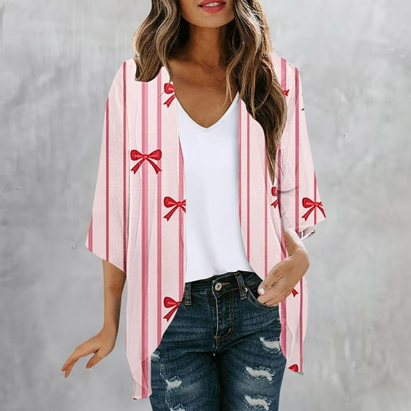 Odbmxy Plus Size Cardigan for Women Elbow-Length Summer Plus Size Tops for Women Striped Loose Open Front Beach Cardigans,Pink XXL