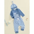 thumbnail image 3 of Suealasg 3Pcs Newborn Baby Boy Clothes Letter Print Long Sleeve Romper +Checkerboard Pants +Hat 3 6 12 18 Months Infant Boy Fall Winter Outfits, 3 of 7