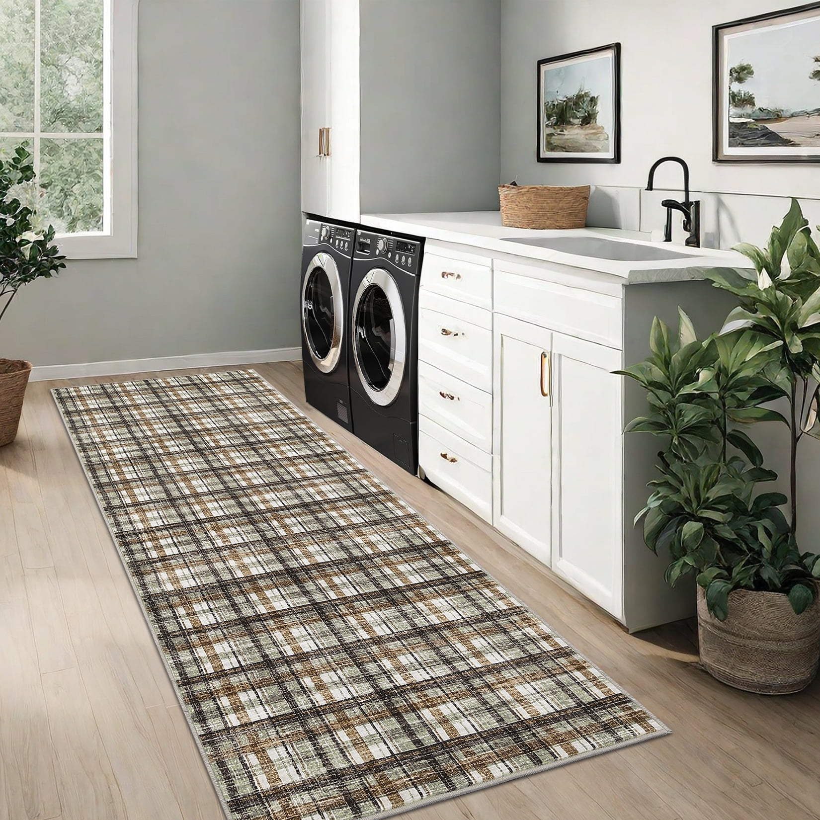 Garvee 2x6 Geometric Striped Runner Rug, Machine Washable Plaid Rugs With Non-Slip Backing Low Pile Stain Resistant Indoor Carpet for Hallway Kitchen Entryway Bathroom, Coffee