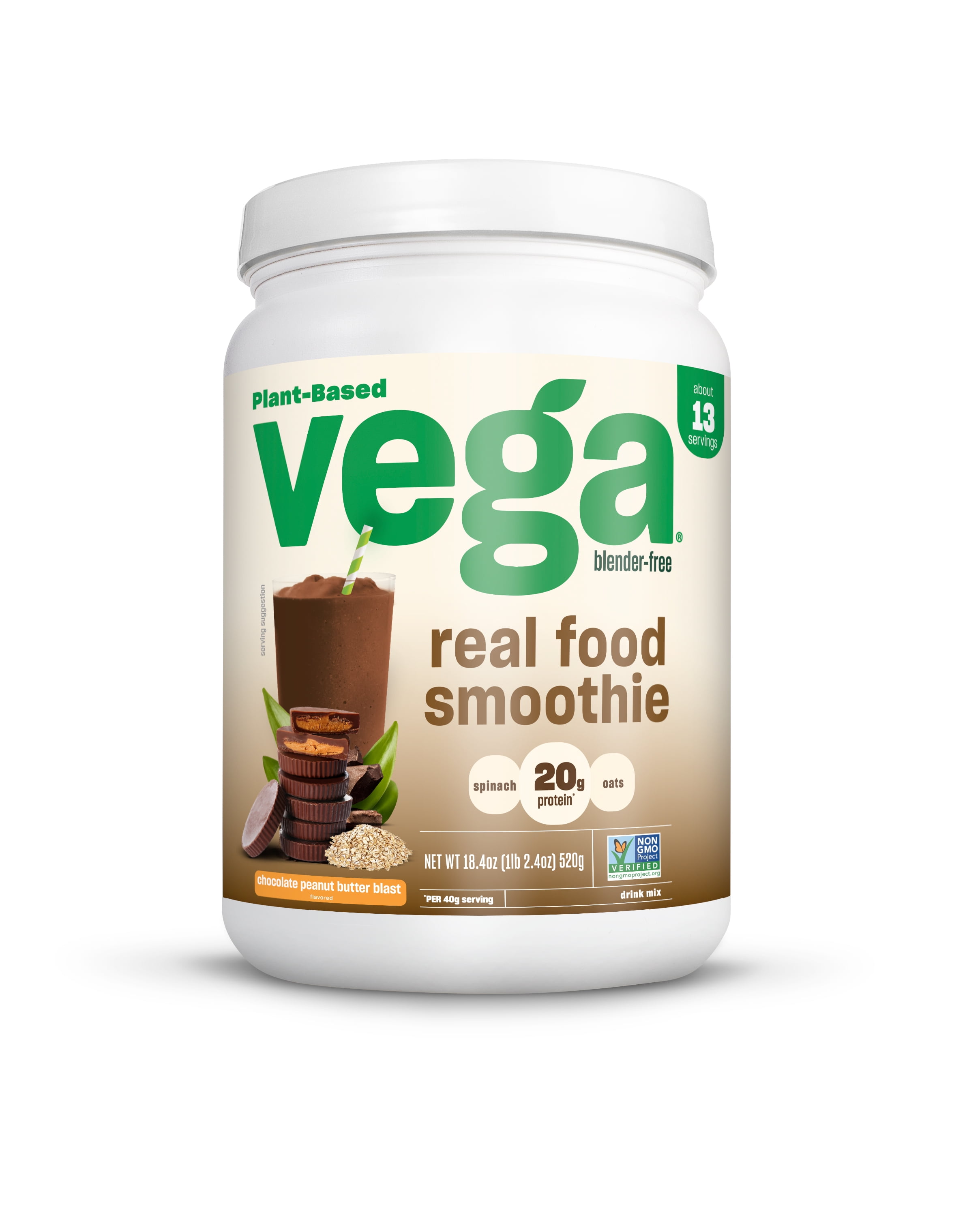 Vega Real Food Smoothie, Chocolate Peanut Butter Blast, Vegan Protein Powder, 20g Plant Based Protein, 18.3 Oz (13 Servings)