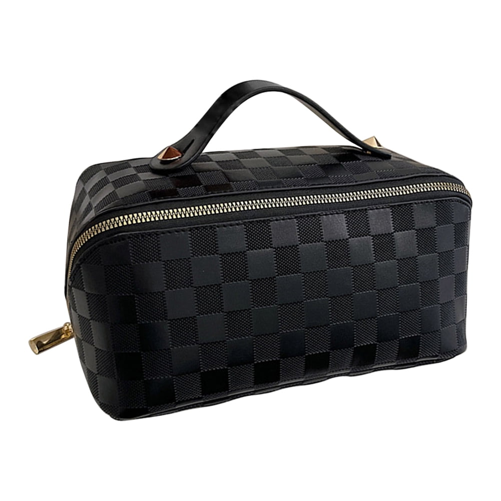 LOLDREAM Portable Checkered Makeup Bags,Large Capacity Travel Cosmetic  Bag,Large Open Lay Flat Makeup Bag Organizer,PU Leather Waterproof Toiletry  Bag