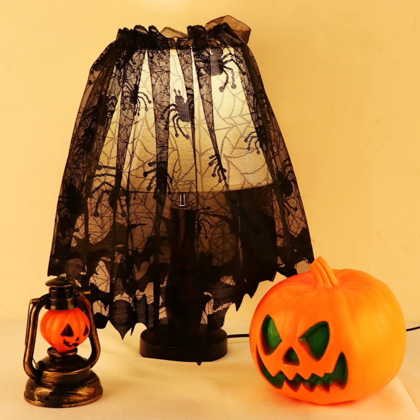 Halloween Lamp Shade Cover (1-4 Pcs) – 20"x60" Black Lace Spider Web Lampshade Topper with Ribbon for Fireplace, Window, Door – Spooky Indoor Party Decorations