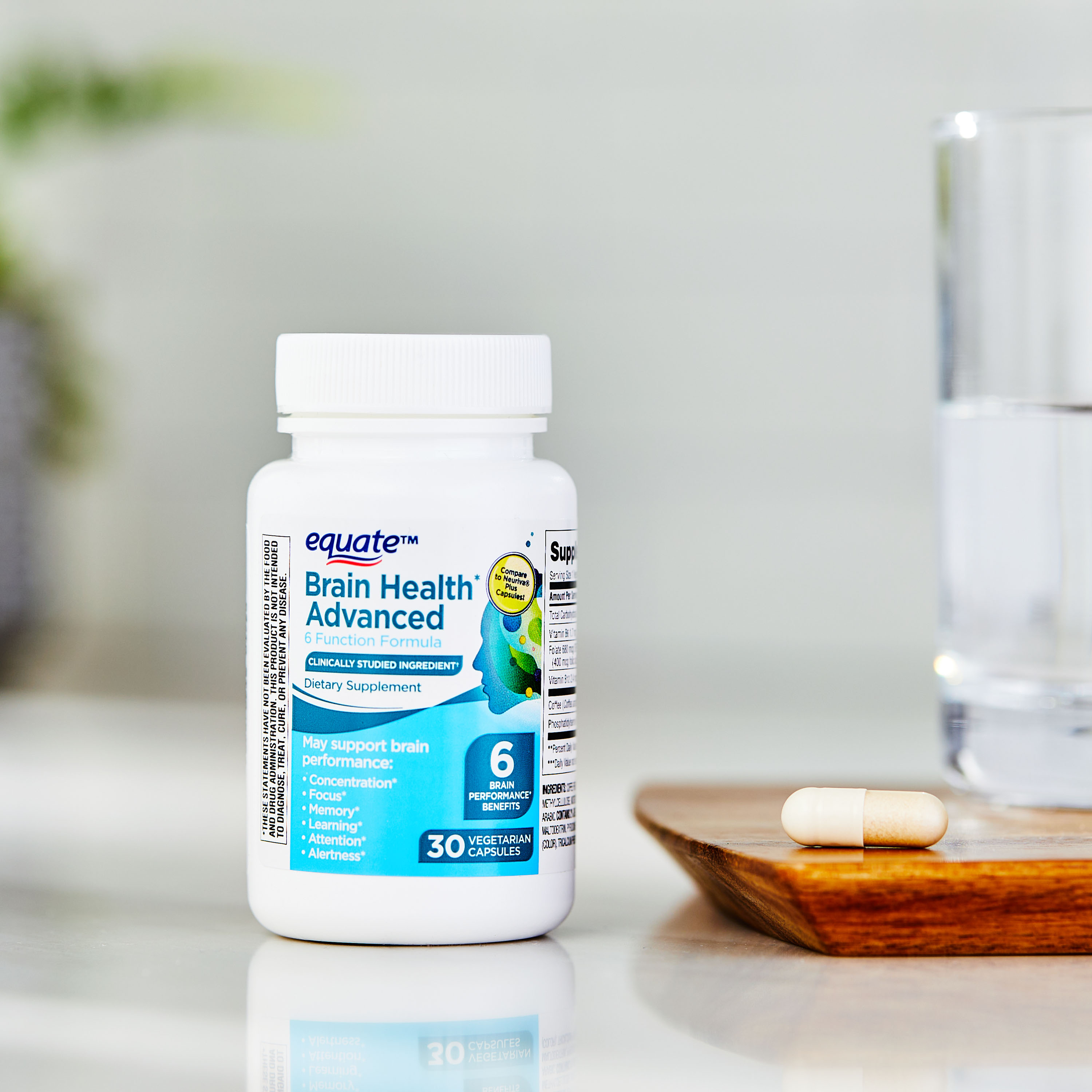Cápsulas de Suplemento Dietético para la Salud Cerebral Avanzada Fórmula de 6 Funciones Equate, 30 Unidades, Comparar con Cápsulas Neuriva® Plus 3