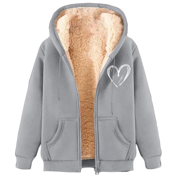 Women's Fleece Zip Up Hoodie Warm Cozy Sherpa Lined Sweatshirt Hearts Printed Winter Hoodie with Pockets Gray XXL