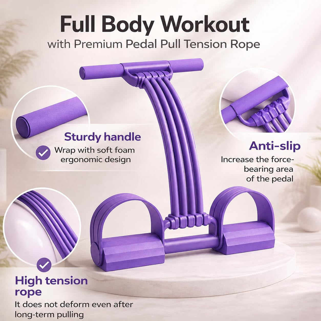 Pedal Resistance Band with Handle – 8‑Tube Detachable 3‑in‑1 Foot Pedal Resistance Trainer for Back Stretch, Chest Expand, Leg Pull, Home Gym