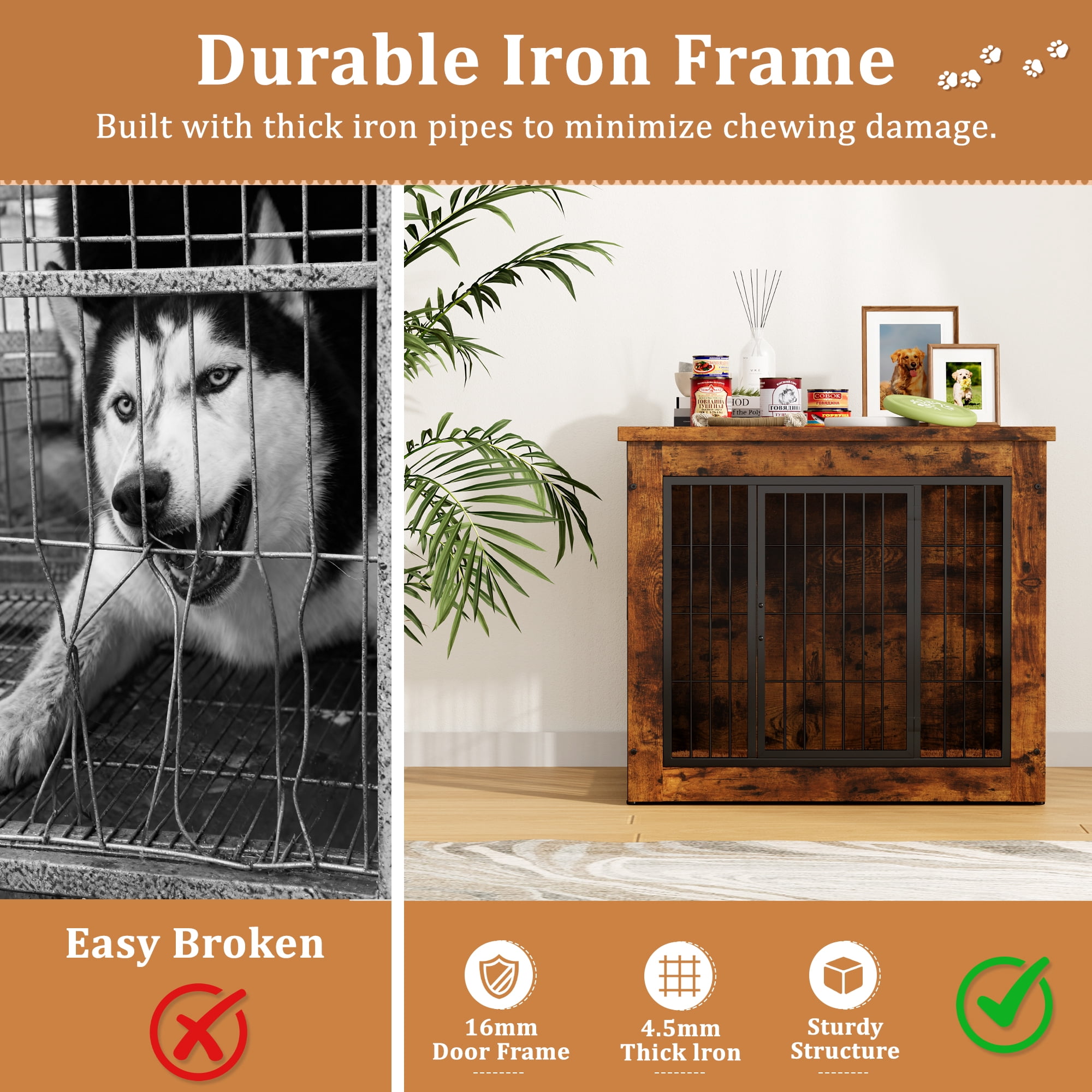 Furmax Wooden Indoor Dog Crate Furniture  with Double Doors and Thick Cushion,Brown