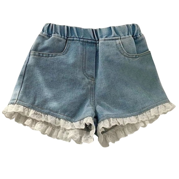 Eltusu Girls Denim Shorts, Cotton Casual Elastic Waistband Lace Hem Summer Jean Shorts Blue Size 1-9 T