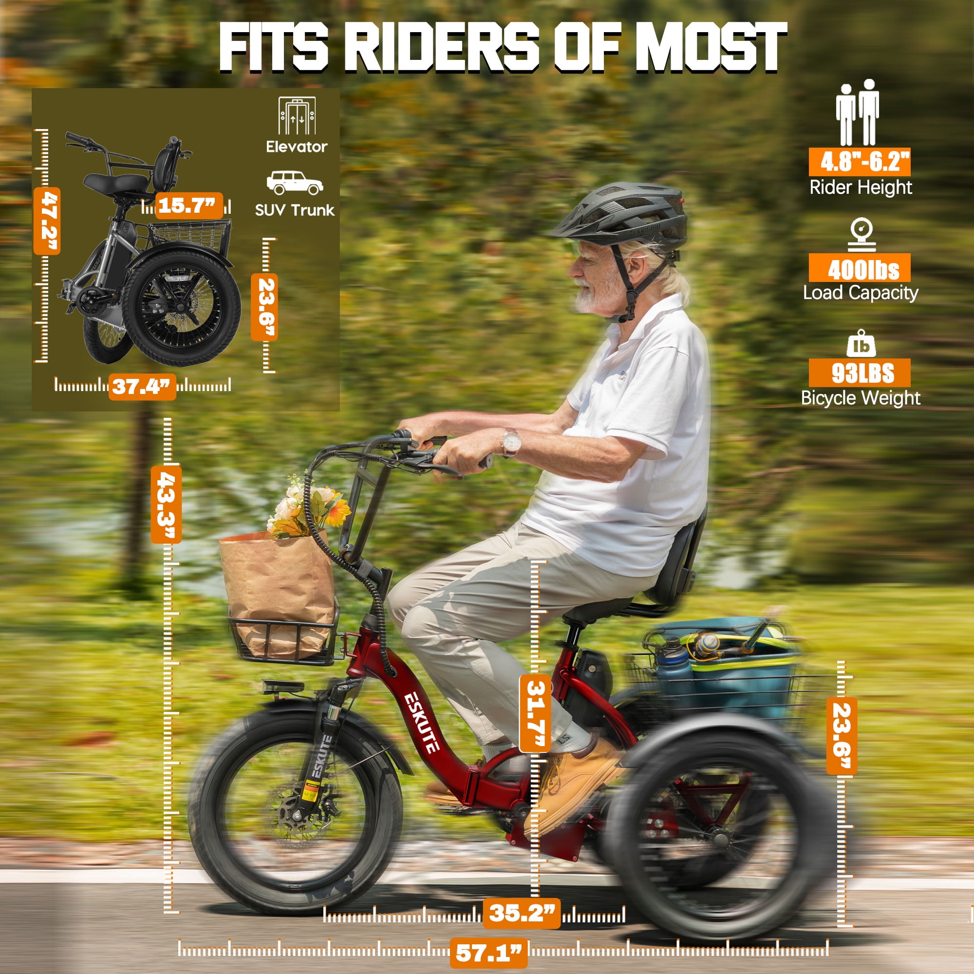 ESKUTE Red E Trike Electric Bike, Peak 1200W Brushless Motor Folding Trike 18X3.0 Fat Tire Ebike, 499Wh Removable Battery, Step-Thru 3 Wheel Electric Bicycle, 48V 13AH 18MPH+ Tricycle for Adults