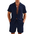 thumbnail image 2 of Domuza Short Sets 2 Piece Outfits for Men Casual Short Sleeve Collared Button Up Tee Shirts and Shorts 2026 New Trendy Vacation Beach Clothes Navy L, 2 of 5