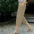 thumbnail image 6 of Cotton Linen Pants for Women Summer Tapered Lantern Leg Cropped Pants with Elastic High Waist Loose Fit Capris (M, Khaki), 6 of 6
