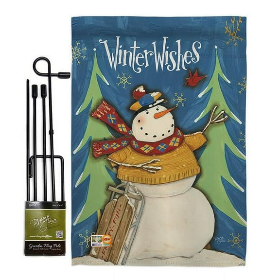 Breeze Decor BD-WT-GS-114158-IP-BO-D-US18-WA 13 x 18.5 in. Winter Wishes Snowman Wonderland Impressions Decorative Vertical Double Sided Garden Flag Set with Banner Pole