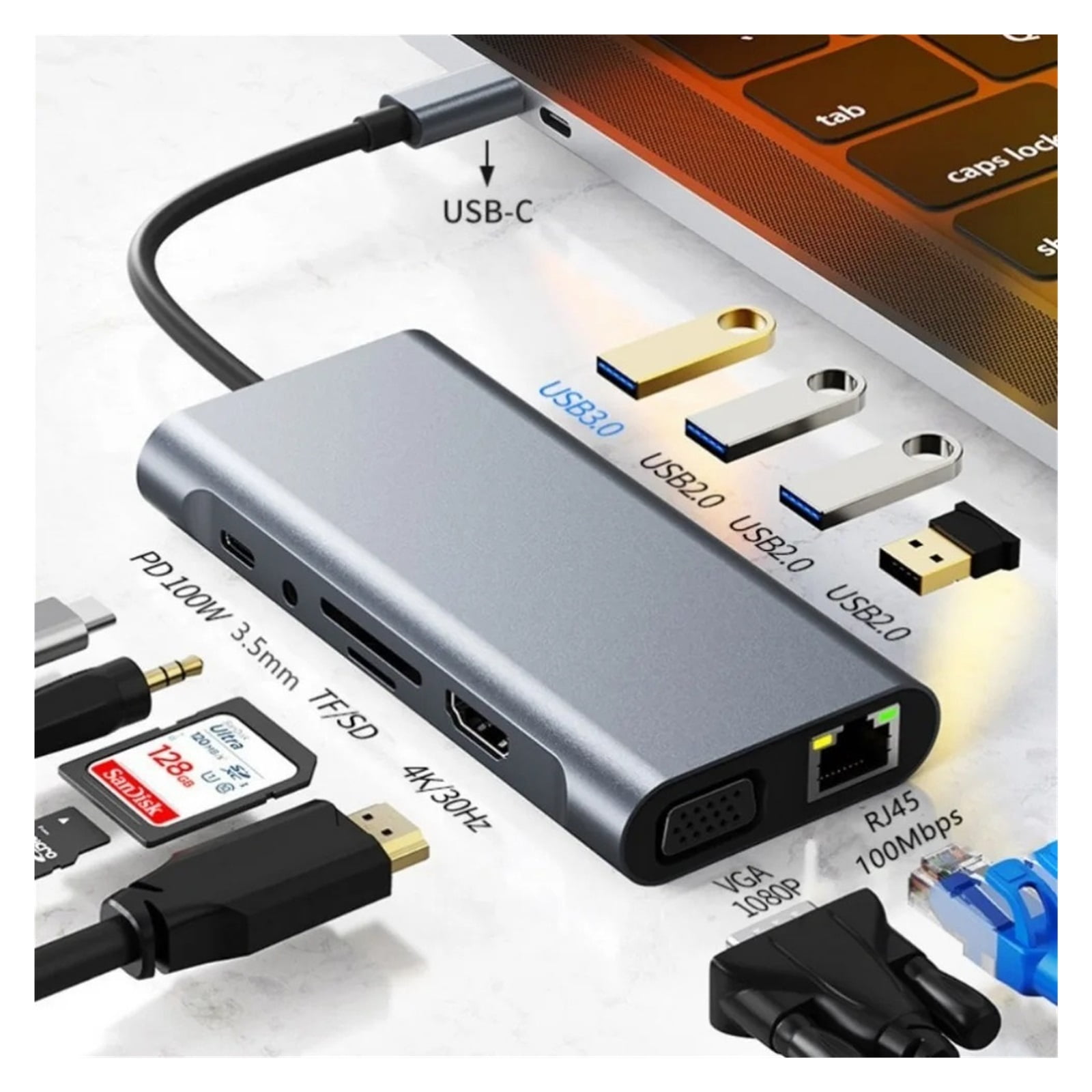 11 in 1 USB C Hub Compatible 4K Type C to HDMI VGA USB 3.0 2.0 Rj45 with PD 100W TF SD 3.5mm
