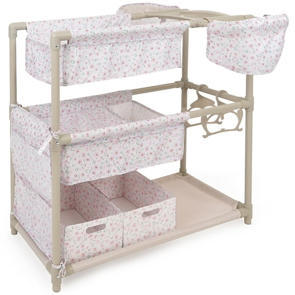 509 Crew: Little Flora - Twin Doll Play Center - Flower-Tan-Pink, Beds-Feeding Seats-Storage-Pillows-Blankets, Toy Pretend Play Station, Kids 3