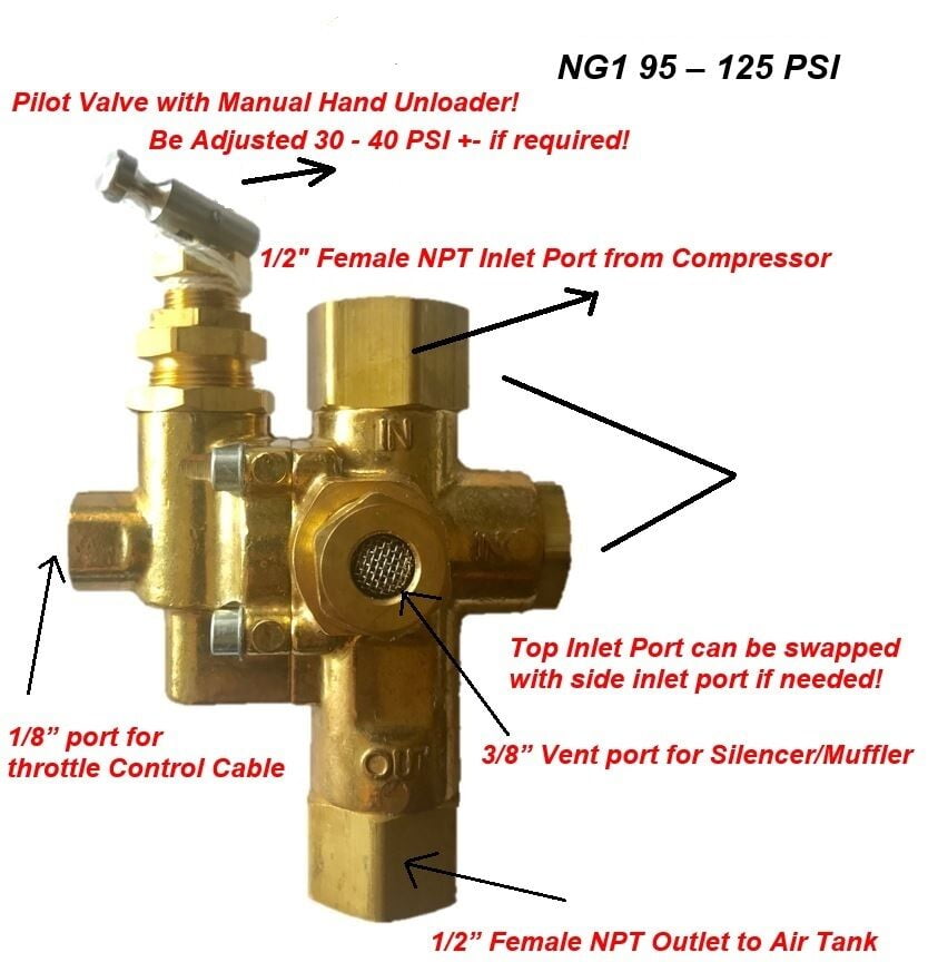 1/2'' OUT UNLOADER PILOT VALVE FOR GAS POWERED AIR COMPRESSORS 1/2'' IN 