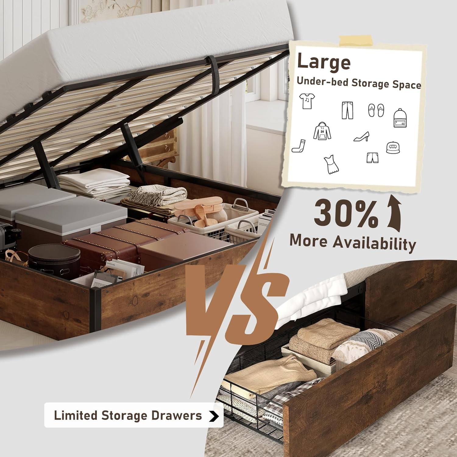 VanAcc King Size Lift Up Storage Platform Bed Frame, Metal Bed Frame with Wooden Slats Support, Large Storage Space, Easy Assembly, Rustic Brown