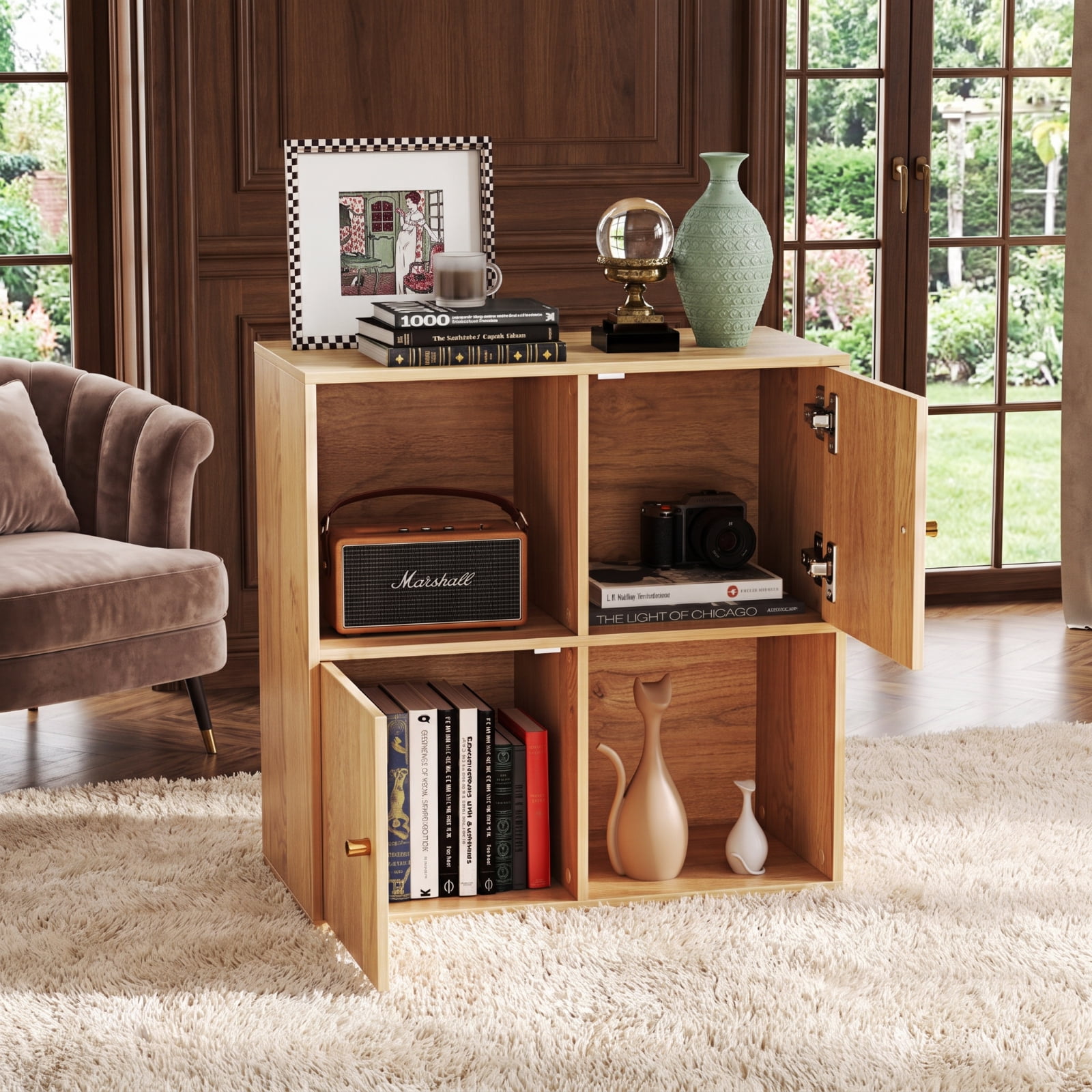 Furnibear 4-Cube 3-Tier Bookcase with 2 Cabinets Dual Anti-Tipping Kits and Metal Knobs for Living Room and Home Office, Natural