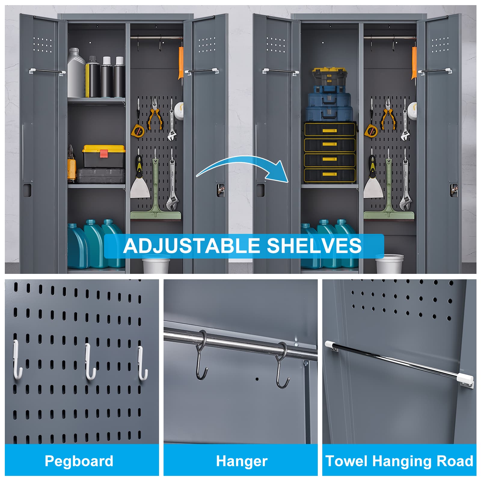 Aukfa 65" Metal Garage Storage Cabinets, Lockable Broom Closet Storage Cabinet with Shelves for Basement/Office/Laundry Room, Gray