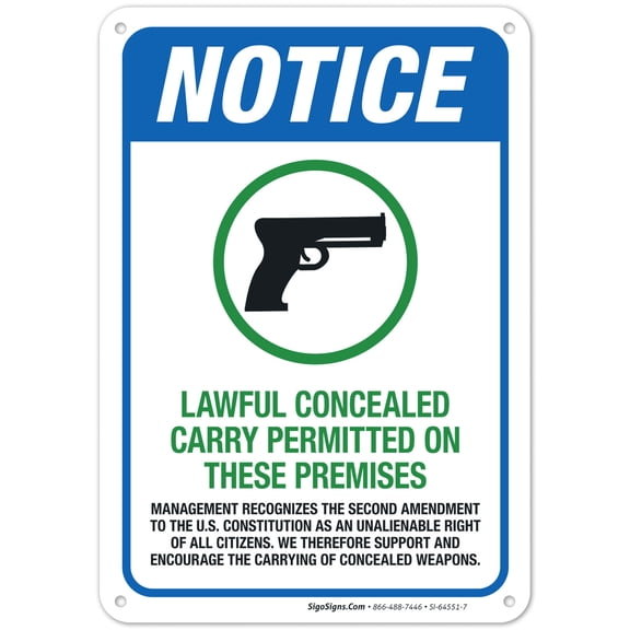 Notice Lawful Concealed Carry Permitted On These Premises Sign,