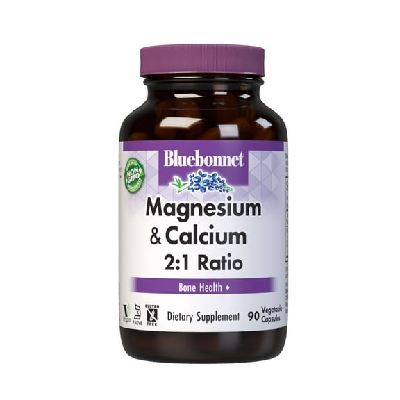 Bluebonnet Magnesium & Calcium 2:1 Ratio, Bone Health*, 90 Vegetable Capsules, 30 Days