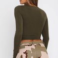 thumbnail image 3 of Una camiseta de manga larga para mujer con cuello redondo verde militar, top básico, ropa informal para mujer, 3 of 5