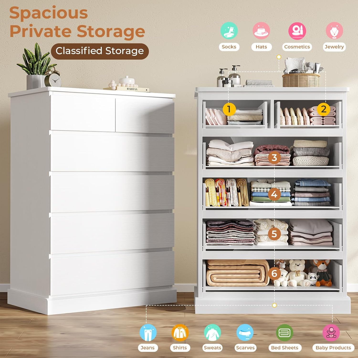 White Tall Dresser with 6 Drawers Dresser & Storage Cabinet for Bedroom, Modern Wood Chests of Drawers & Closet Organizer for Living Room Hallway