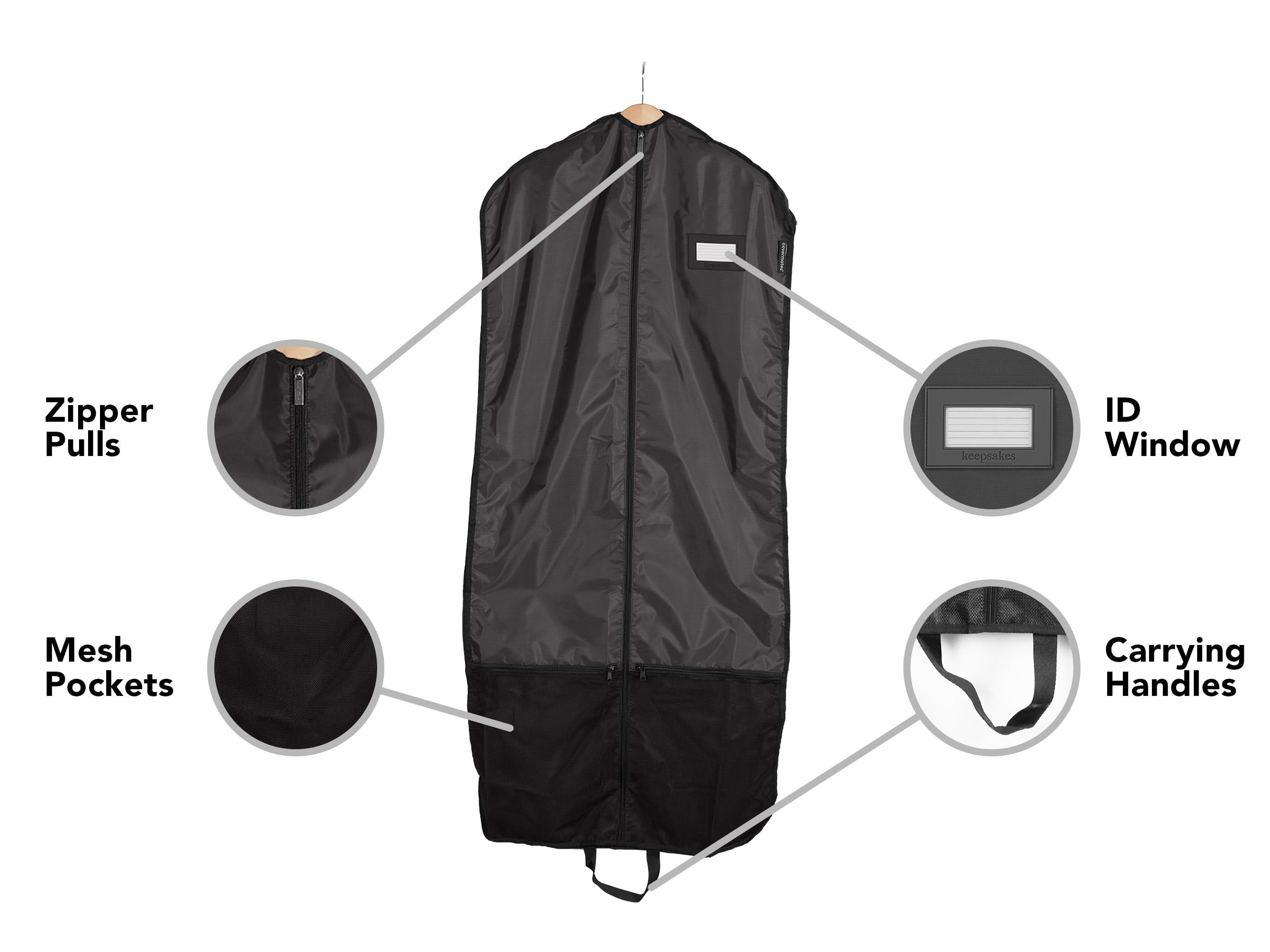 Covermates Keepsakes Deluxe Garment Bag Set - Premium Polyester - Full Length Zipper - ID Window - Carrying Handles - Stowaway Pouch - Closet Storage, Black