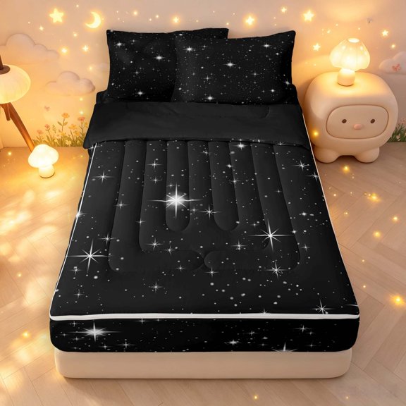 Manfei Lovely Stars Zipper Twin Comforter Sets with Fitted Sheet and 2 Pillowcases,Kawaii Cartoon Theme Zipper Bedding Set,Black White,Black Reversible,4pcs