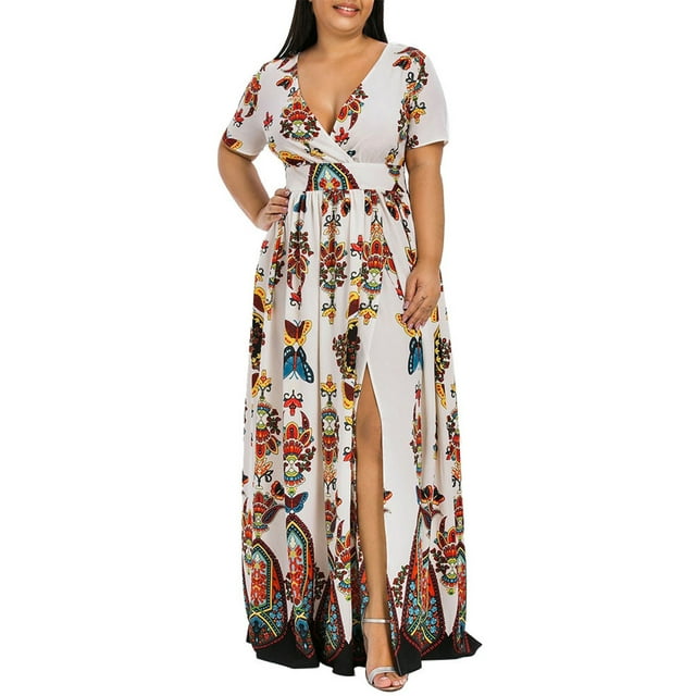 Vestido largo informal de manga corta con cuello en V y estampado de mariposa para mujer a la moda Fridja qw6046