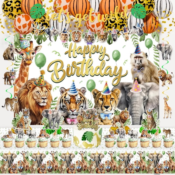 KimaruLZ Safari Birthday Party Decorations, Jungle Wild Animals Birthday Party Supplies Decor with Backdrop, Banner, Balloons, Cake Toppers, Tablecloth, Centerpieces, Hanging Swirls C113