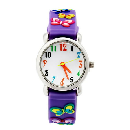 3D Cute Cartoon Quartz Watch Stainless Steel Wristwatches with Silicone band Time Teacher for Little Girls Boy Kids Children Gift (Purple Butterfly), 3D cartoon design,.., By