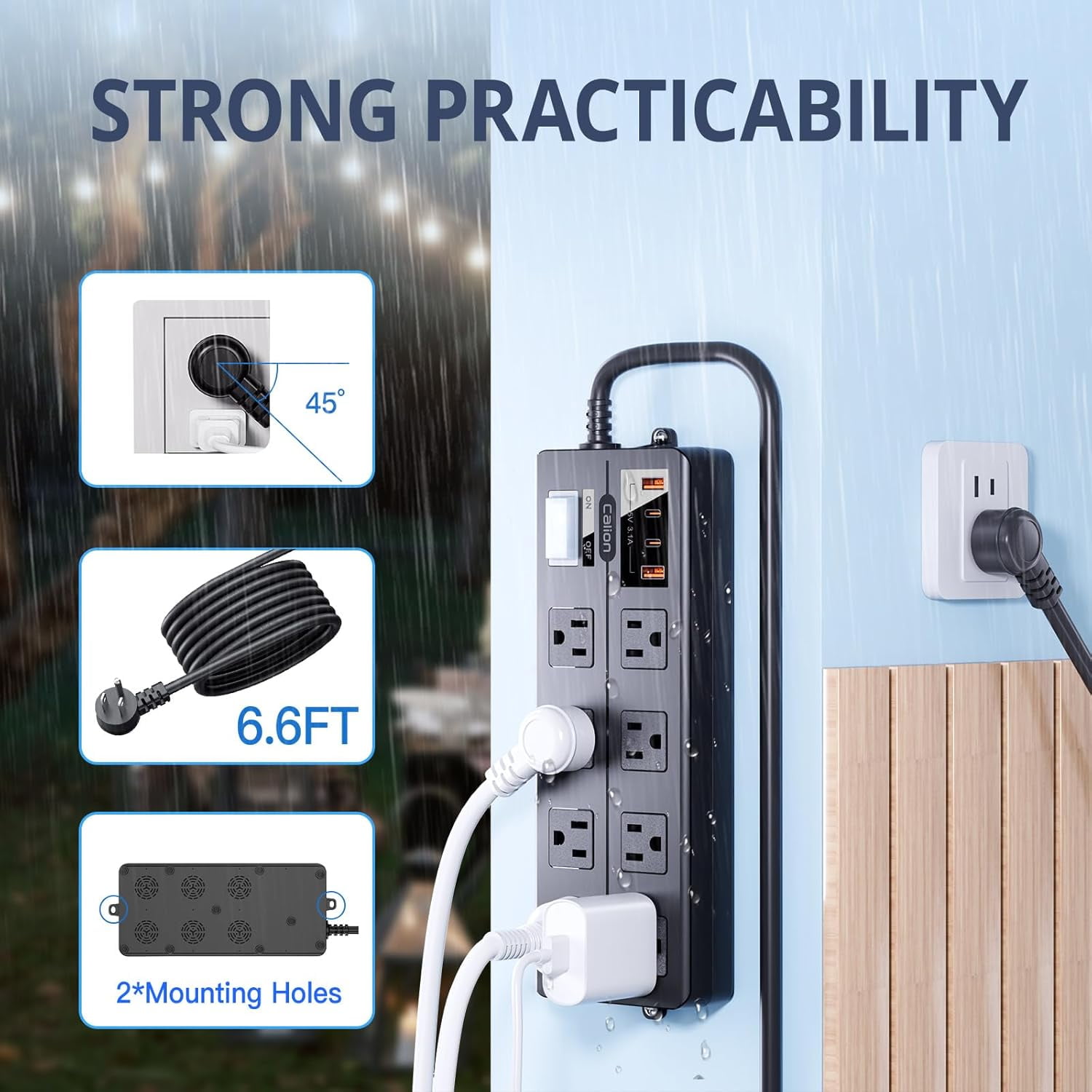 Outdoor Power Strip Weatherproof, Waterproof Surge Protector with 8 Wide Outlet with 4 USB Ports, 10FT Extension Cord, 1875W Overload Protection, Outlet Extender for Patio, Outdoor Decorations