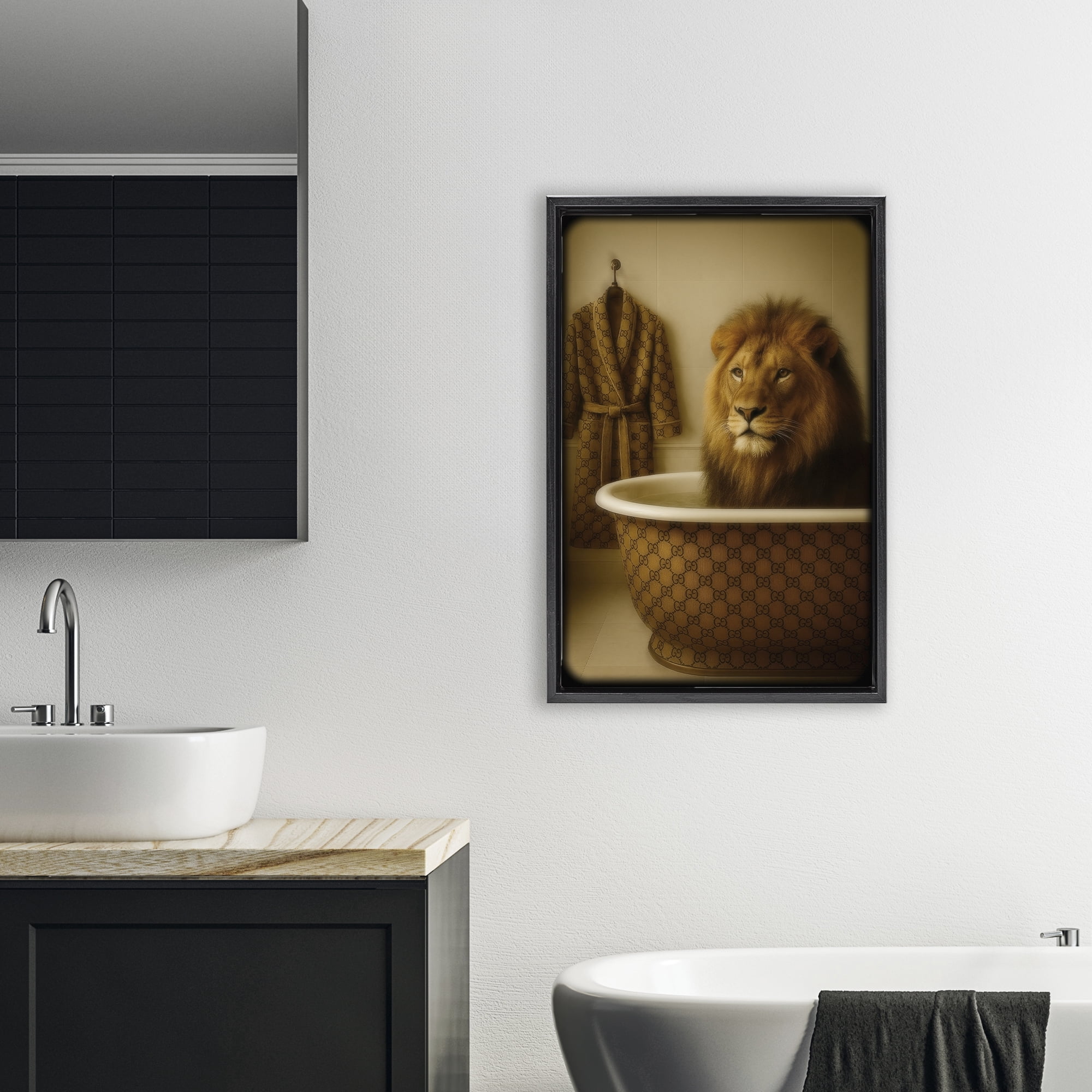 Stupell Industries Couture Lion in Luxury Tub Black Framed Floater Canvas Wall Art, design by Grotto Studios