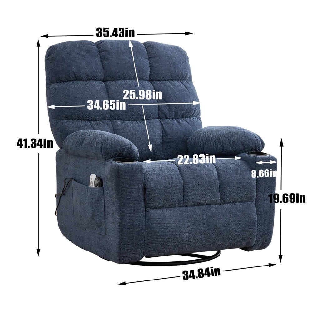 GVN Manual Rocker Recliner with Heat Massage, Swivel Motion, Durable Fabric for Lounge, Blue