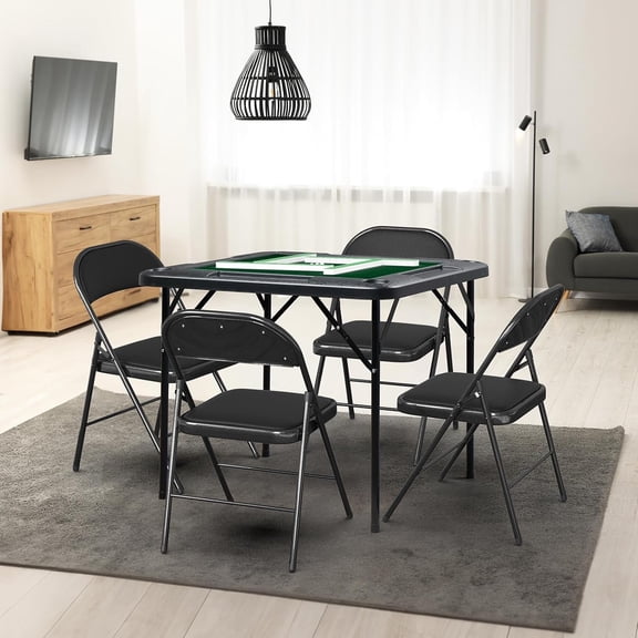 35" Foldable Mahjong Table w/Cup Holders Chip Grooves Portable Folding Poker Game Table for Blackjack Texas Hold'em Jigsaw Puzzles