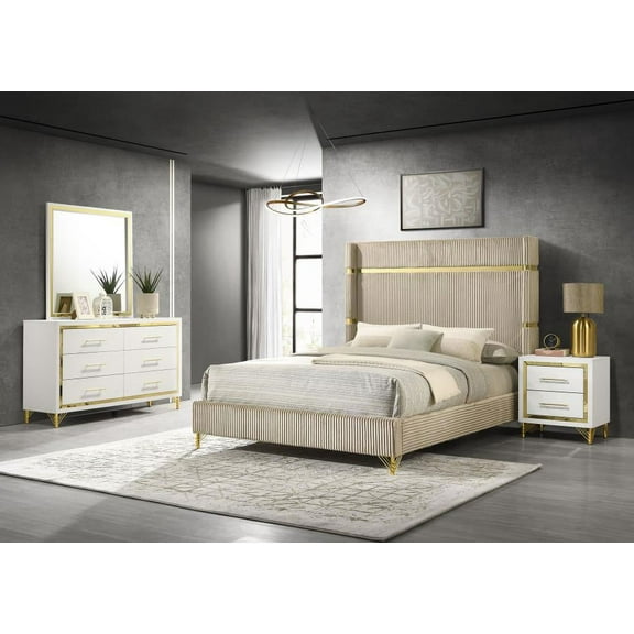 Lucia 4-piece Bedroom Set with Upholstered Eastern King Wingback Panel Bed Beige