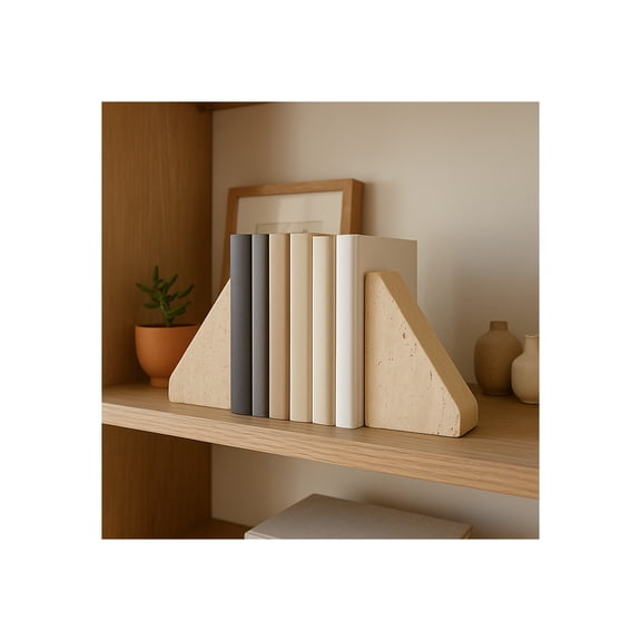 Decorative Travertine Triangle Bookends - Stylish Book Accessories for Home Library and Table Accents - Modern Elegant Book Ends for Bookshelf, Office, or Desk Decoration - Set of 2, 5", Tan
