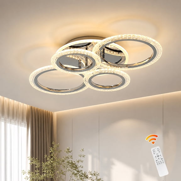 Garwarm Chrome 6-Ring LED Ceiling Light, Modern Dimmable 3000K-6500K Flush Mount Ceiling Light with Remote, Acrylic Ring Ceiling Lamp Fixture for Living Room, Dining Room, Bedroom
