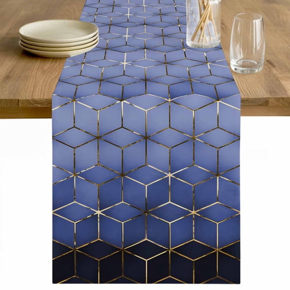 Blue Geometric Table Runner - 72 Inch Long Ombre Modern Abstract Art Cotton and Linen Blended Dress Scarves Farmhouse Table Runner for Kitchen Dining, Coffee Table, 13" x 72"