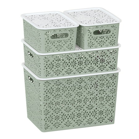 Lace Design Storage Baskets with Lids and Handles - Set of 4 - Organization Solutions for Any Room in Home