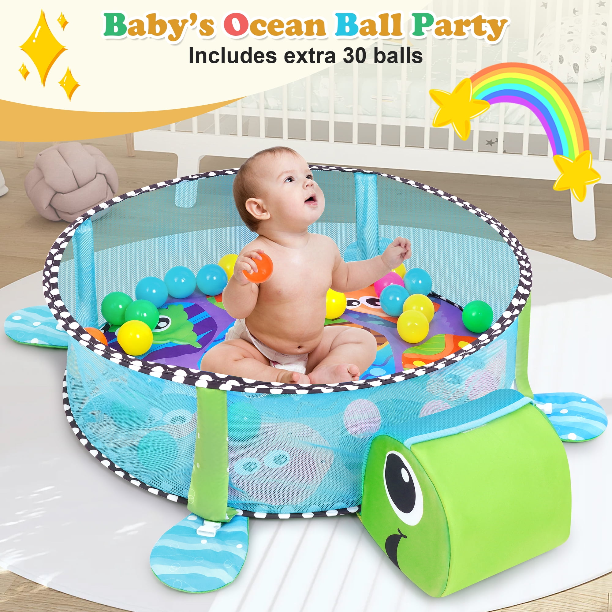 Babyeap 3-in-1 Baby Gym and Play Mat, Baby Activity with Ocean Ball Sensory Toys, 0-36 Months