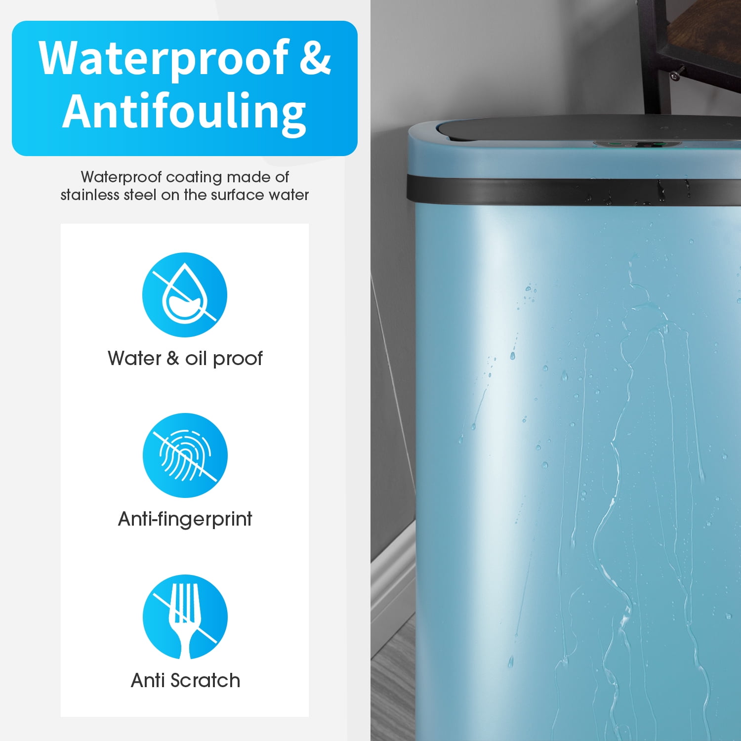 BIQWBIC 13 Gallon Tall Kitchen Garbage Can | Touch-Free Motion Sensor | High-Capacity Kitchen Trash Can | Waterproof Office Trash Can | Bathroom & Bedroom Trash Can- 49L Waste Bin (1, Blue)