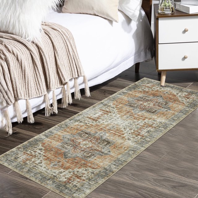 Garvee 2' x 6' Runner Rug Vintage Persian Distressed Rug No-Slip Stain-resistant Low Pile Runner Rug for Hallway Kitchen Home Decor, Brown