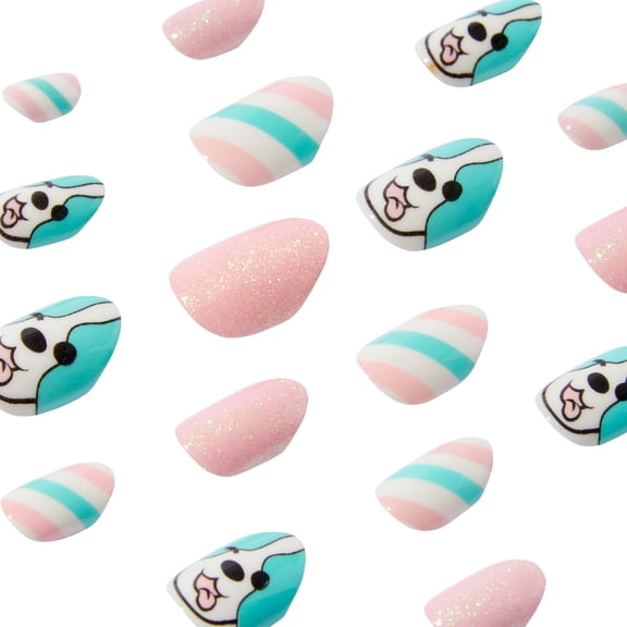 Claire's Teen Girls Blue and Pink Stripped Dog Almond Shape Press-on Nails, 24-Pack