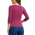 thumbnail image 3 of INSPIRE CHIC Women's Ruched Blouse Button Decor V Neck 3/4 Sleeve Solid Knit Top XS Grape Purple, 3 of 6